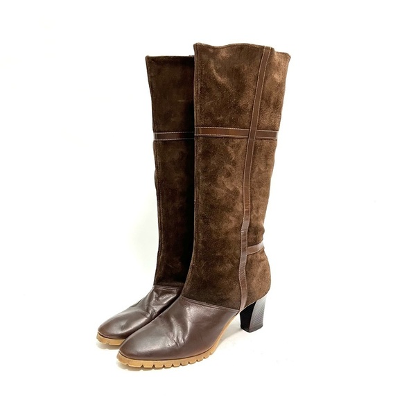 Vintage 1970s brown suede leather accent knee high zip up heeled fashion boots - Picture 7 of 9